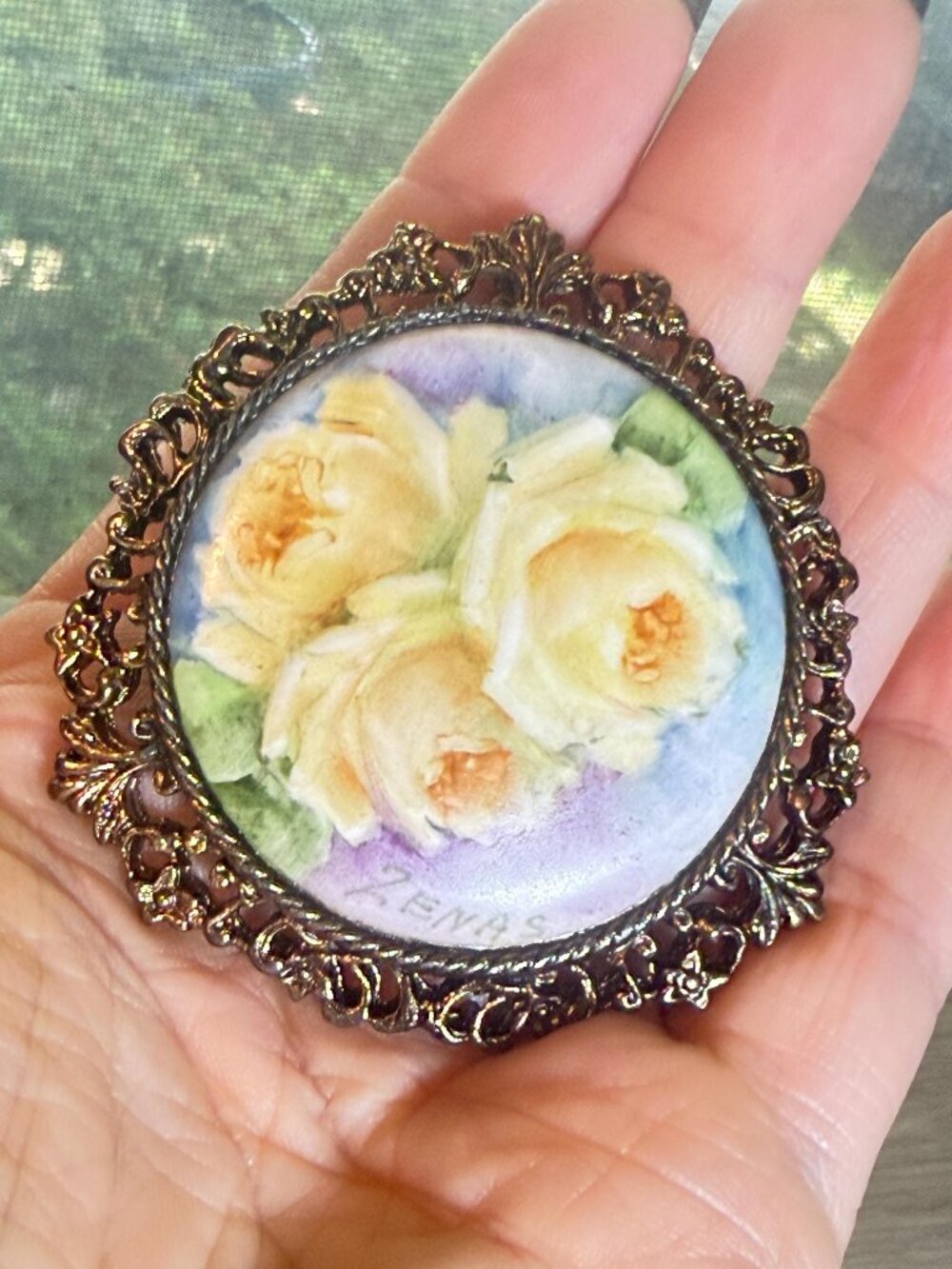 Hand Painted Porcelain Rose Brooch Signed Zenas Vintage
